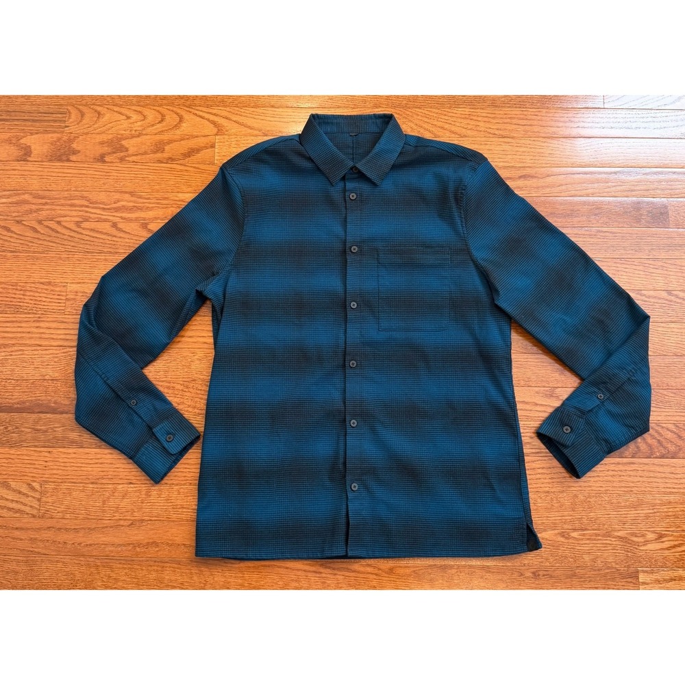 Lululemon Masons Peak Flannel Shirt Mens Large Teal Blue Black Shadow Plaid